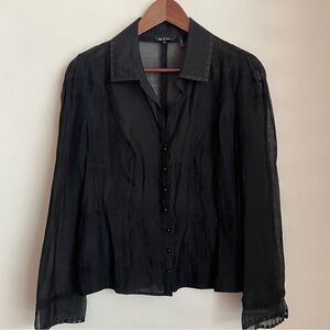 NIC+ZOE Black Sheer Button Down Blouse Office Siren Dark Academia Whimsigoth 90s